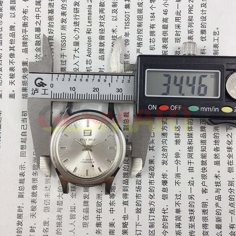 PUBU 32mm manual mechanical watch with grey dial, nail markers, 17 jewels, elegant style from China.