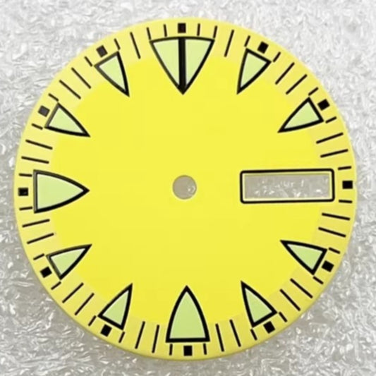 Yellow 28.5mm diving watch dial with green lume, compatible with NH36 movement.