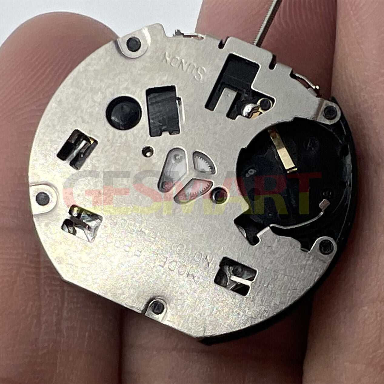 Sunon PE90 quartz watch movement with 3 hands, date at 3, small seconds at 6 and 12.