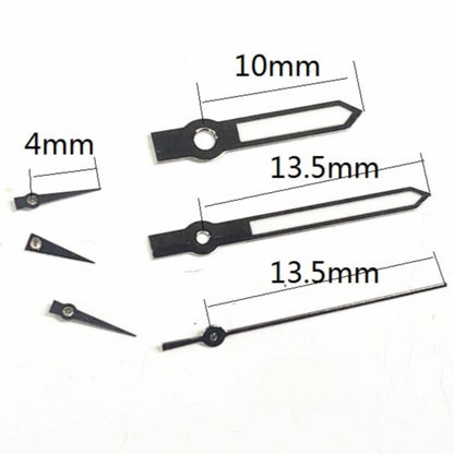 Black trim green lume watch hands, 13.5mm, designed for Miyota JS15 quartz movement, enhancing readability.