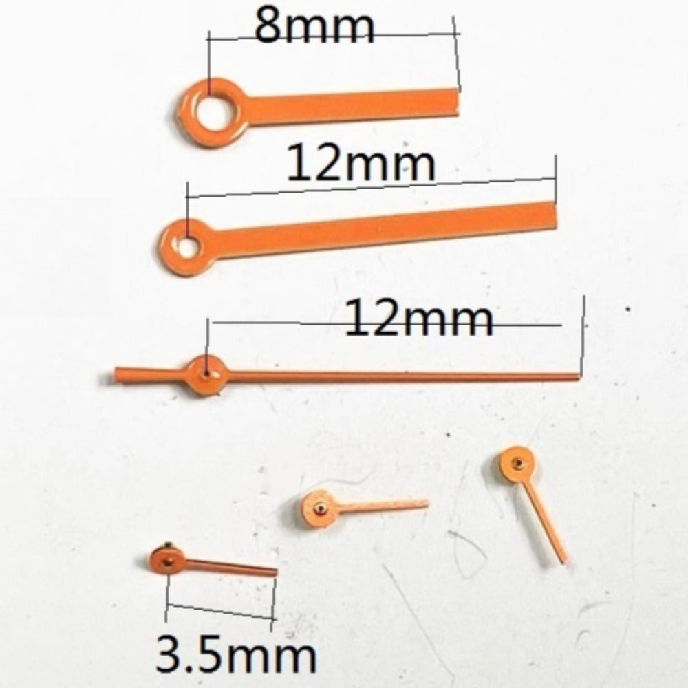 12mm orange painted watch hands with no lume for Miyota OS10 OS20 OS30 movements, brand-quality accessory.