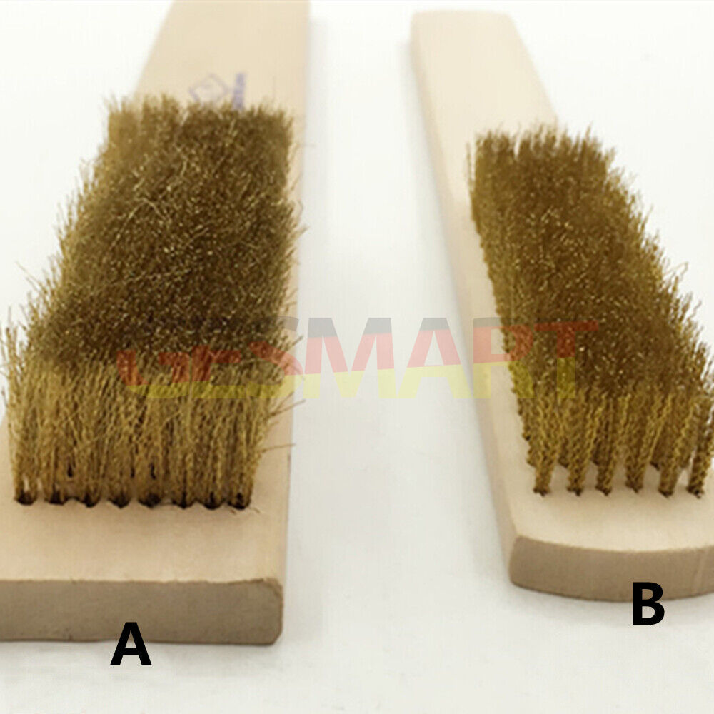 Copper wire brush with wooden handle for rust removal and metal cleaning, ideal for jewelry making.