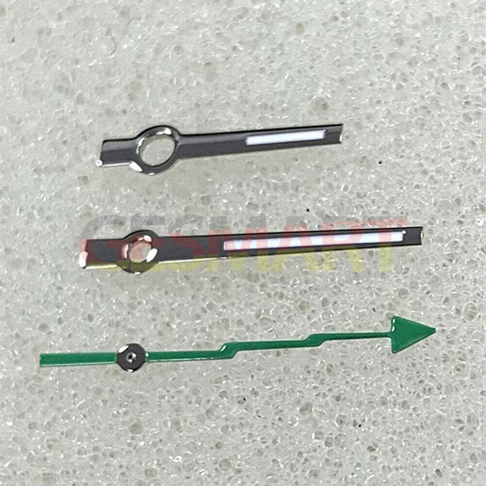 Green lume silver-trimmed watch hands, precision fit for Miyota 8215/821A and Mingzhu 2813/3804 movements.