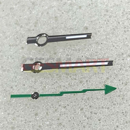 Green lume silver-trimmed watch hands, precision fit for Miyota 8215/821A and Mingzhu 2813/3804 movements.