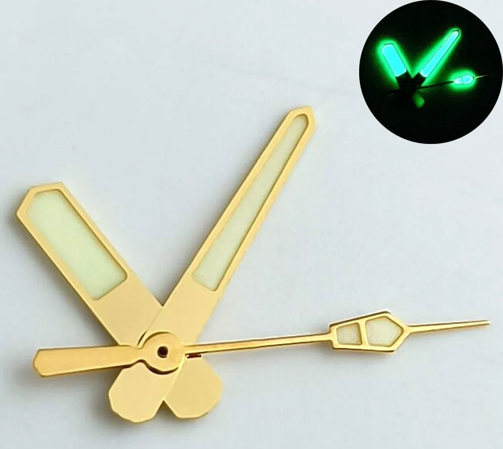 Green lume golden trim watch hands for NH35 NH36 NH70 movements, ideal for customizing watches.