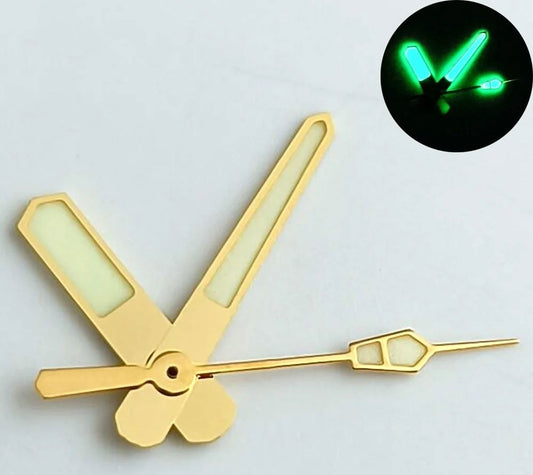 Green lume golden trim watch hands for NH35 NH36 NH70 movements, ideal for customizing watches.