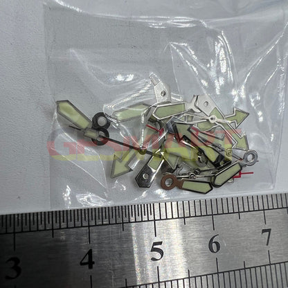 Arrow-shaped silver watch hand with green lume, compatible with Miyota 2035, 2115, 2105, 2305 movements for precise timekeeping.