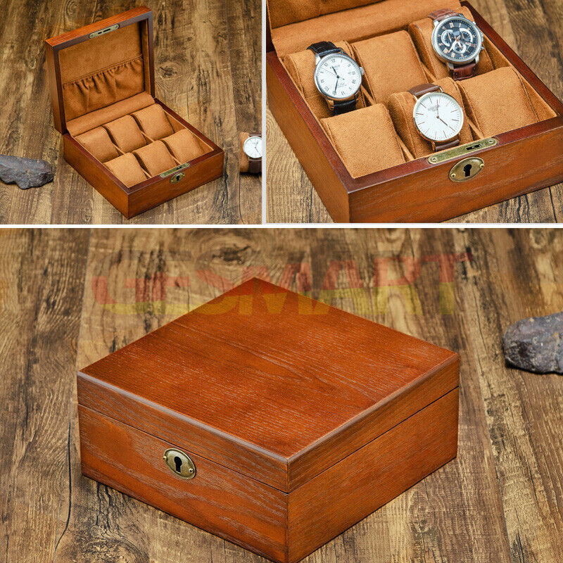 Wood watch box organizer with 6 cushioned slots for stylish and secure watch storage.