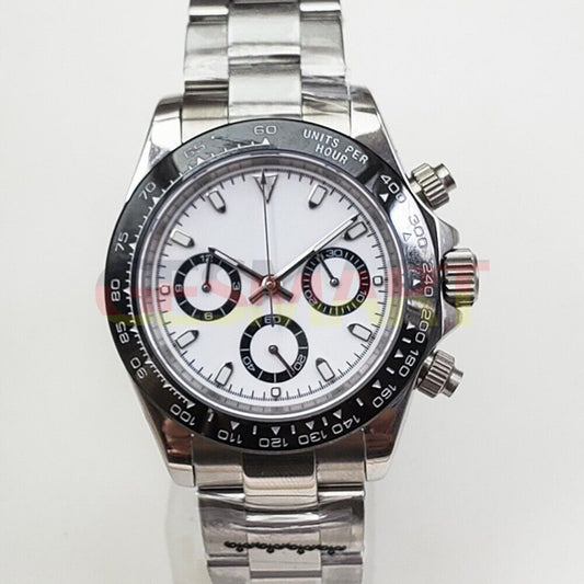 39mm stainless steel chronograph watch with sapphire glass, white dial, VK63 quartz.