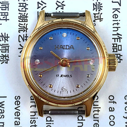 HAIDA 23mm manual mechanical lady watch with golden nail markers, 17 jewels, and gradient blue dial for elegant style.