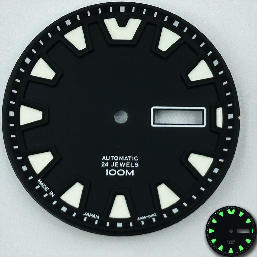 35mm black watch dial with green luminous markers, designed for NH36 movement, ideal for custom watch repairs.
