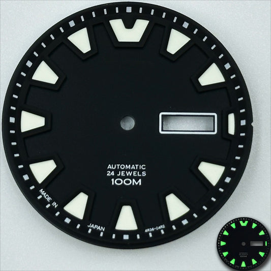 35mm black watch dial with green luminous markers, designed for NH36 movement, ideal for custom watch repairs.