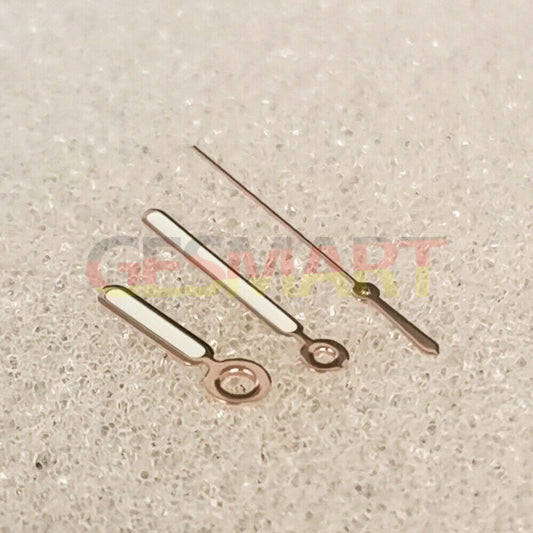 Green luminous rose gold watch hands with trim, compatible with NH35/NH36/4R/7S movements.