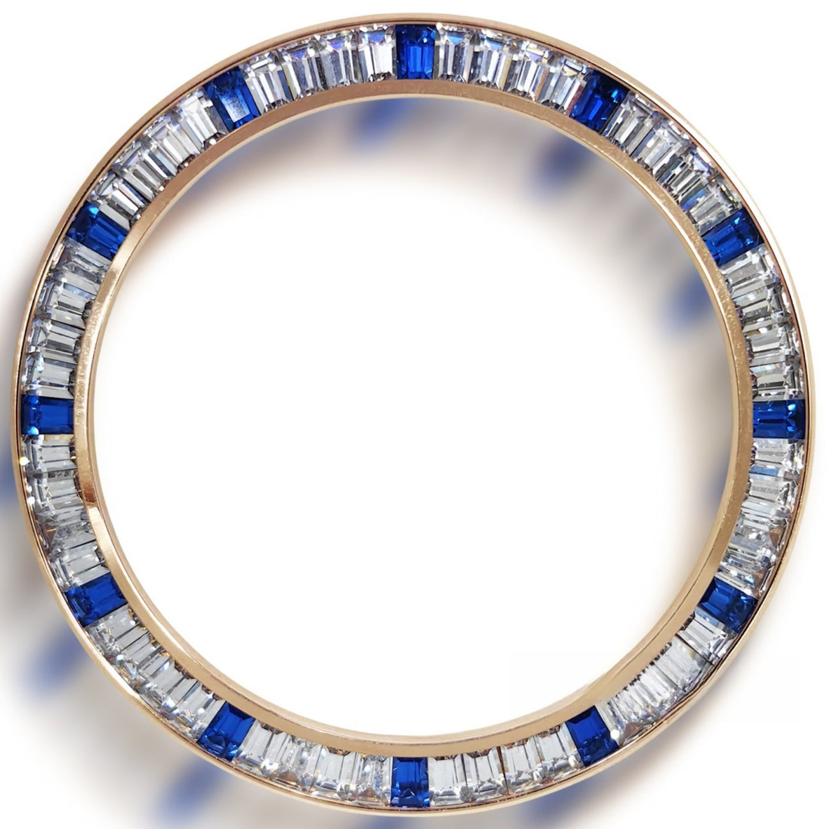 Daytona T-Shaped Square Moissanite Inclined Blue+Silver Watch Bezel Rose Golden Base