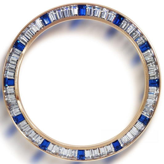 Daytona T-Shaped Square Moissanite Inclined Blue+Silver Watch Bezel Rose Golden Base