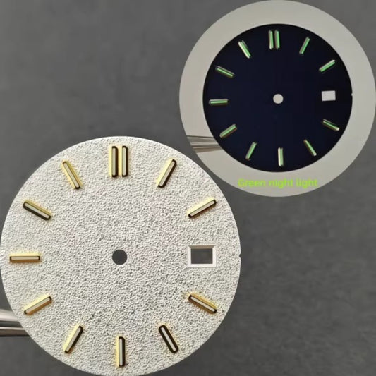 31mm silver matted green lume watch dial with golden markers, compatible with NH35 movement.
