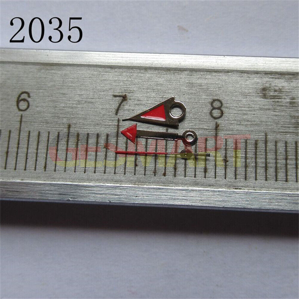 Red polished arrow-style watch hands set for Miyota 2035 movement, enhancing precision and style.