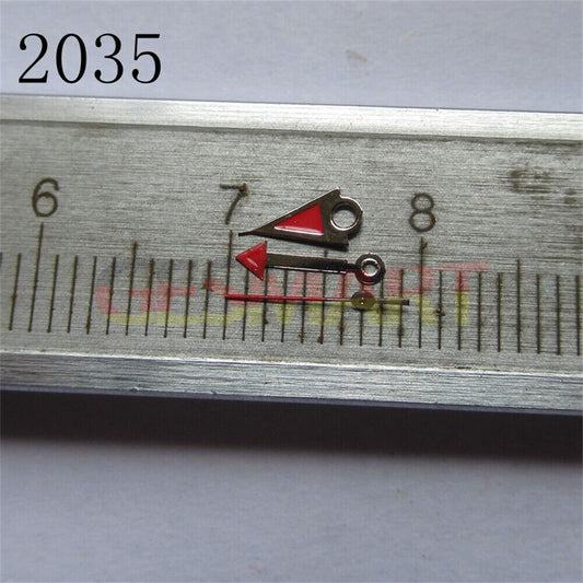 Red polished arrow-style watch hands set for Miyota 2035 movement, enhancing precision and style.