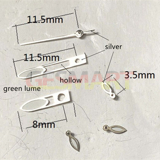 Aiguilles de montre 11,5 mm avec finition argentée et verte luminescente pour Miyota OS10, OS20, OS22, OS60, OS80