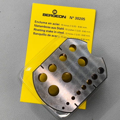Swiss Bergeon 30205 Riveting Stakes in Hardened Steel 15 holes ∅ 2.00 - 8.60 mm