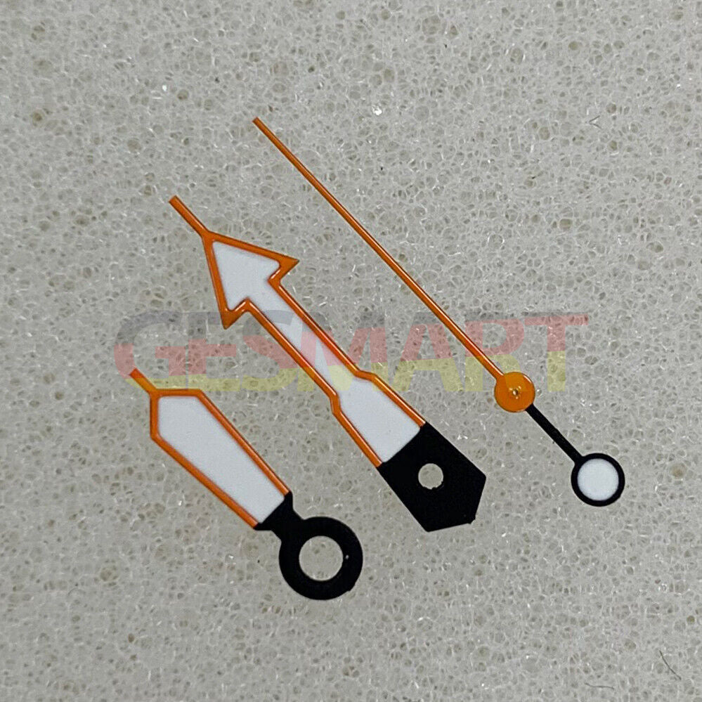 Arrow-shaped orange trim watch hands with green luminous fill for NH35/NH36/4R/7S movements.
