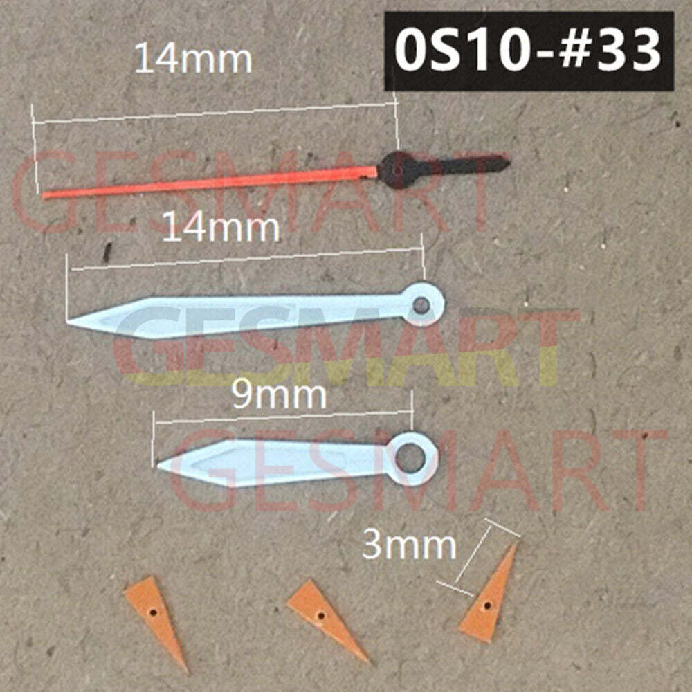 Orange 14mm watch hands with silver trim and green luminous tips for Miyota 0S10, precision timing.