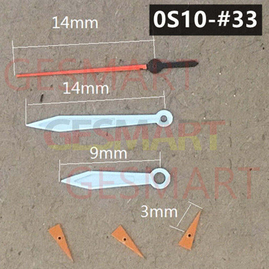 Orange 14mm watch hands with silver trim and green luminous tips for Miyota 0S10, precision timing.