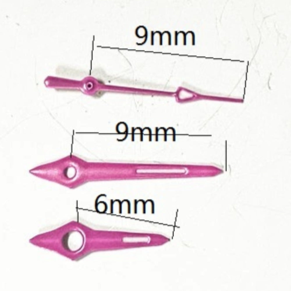 Plum purple trim watch hands, 9x9x6mm, compatible with Miyota 2035 2115 quartz movements for stylish repairs.