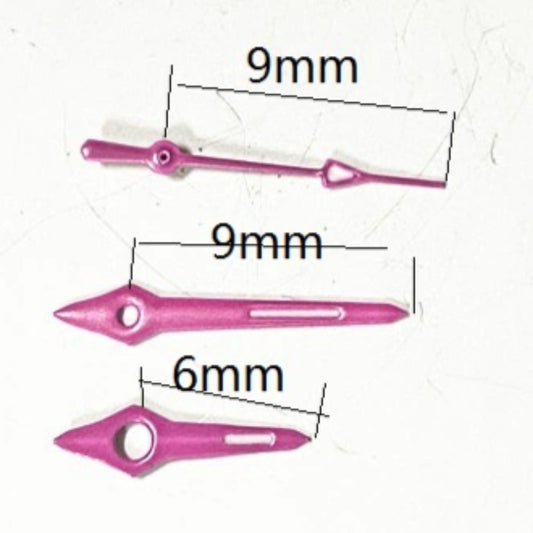 Plum purple trim watch hands, 9x9x6mm, compatible with Miyota 2035 2115 quartz movements for stylish repairs.