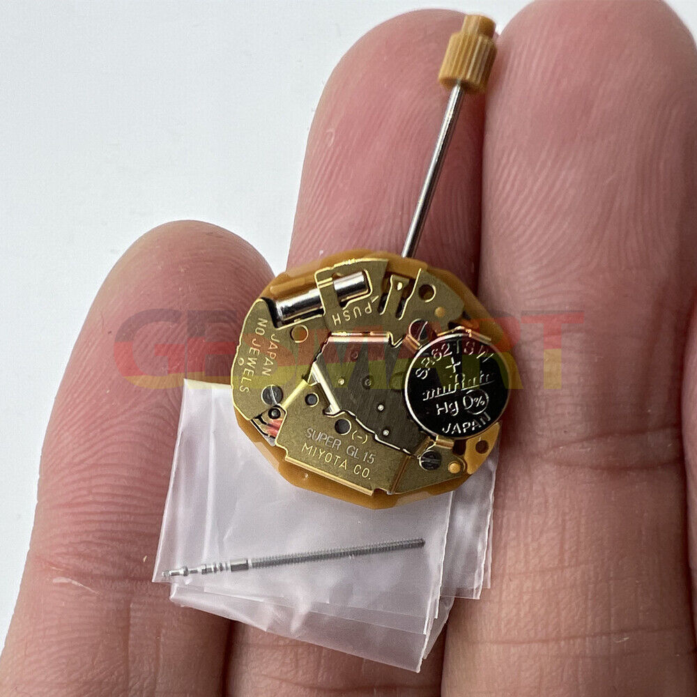 Miyota GL15 Japan quartz watch movement with date display at 6 o'clock, Japan made precision.
