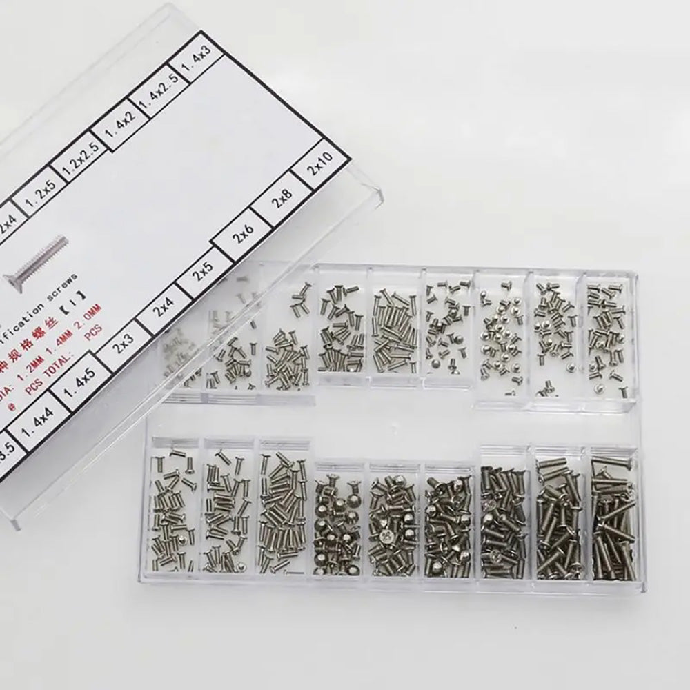 Stainless steel watch back case screws in 1.2mm, 1.4mm, and 2.0mm sizes for repair tools.