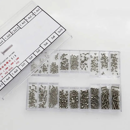 Stainless steel watch back case screws in 1.2mm, 1.4mm, and 2.0mm sizes for repair tools.