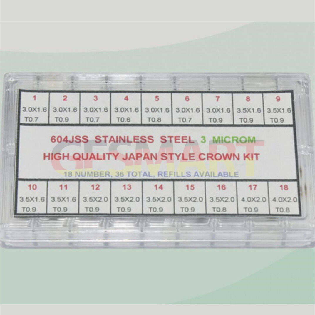 Assortment of 36 stainless steel watch crowns, Japan style, high-quality replacement parts for repairs.