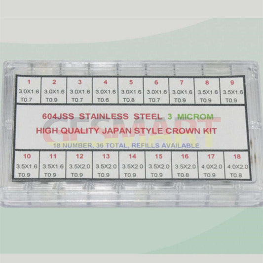 Assortment of 36 stainless steel watch crowns, Japan style, high-quality replacement parts for repairs.
