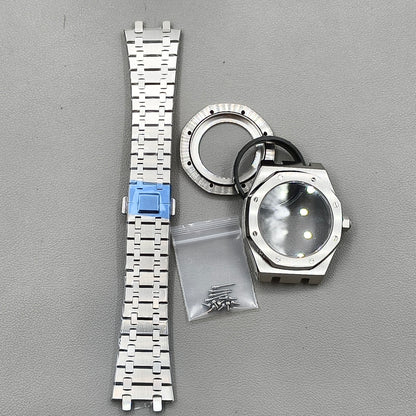 41mm Silver Watch Case Band Set Sapphire Glass Transparent Bottom for NH35 NH36