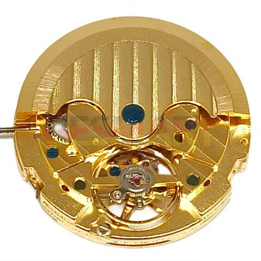 Golden automatic mechanical watch with moon star phase at 12 o?clock and visible flywheel mechanism.