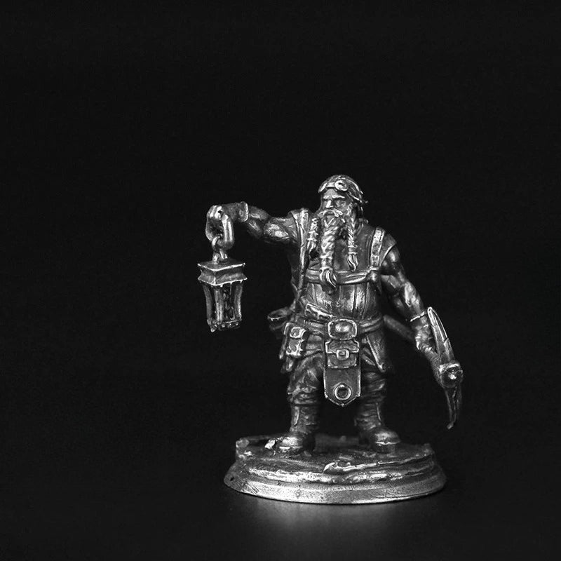 White Brass Figurine Dwarf Prospector Miniature - Bearded Lantern and Pickaxe Figure