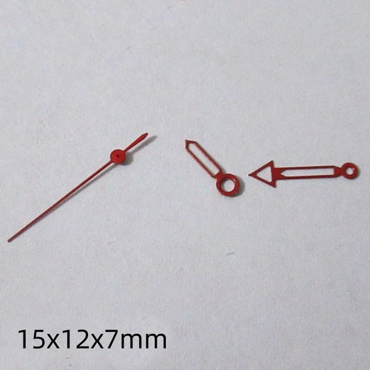 Red trim watch hands set for Miyota 2035 2115 2105 2305 movements, 15mm length.