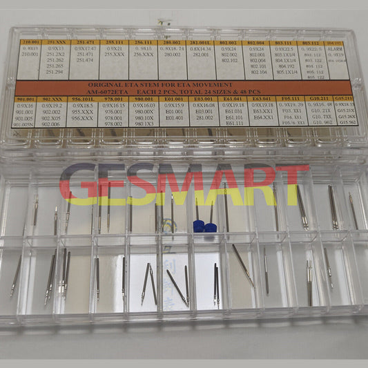 Set of 48 stainless steel ETA watch stems in 24 sizes for precision repair and replacement by Original ETA.