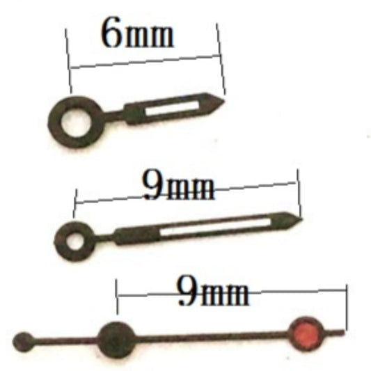 Black trim green lume watch hands designed for Miyota 2035 quartz movement, enhancing night readability.