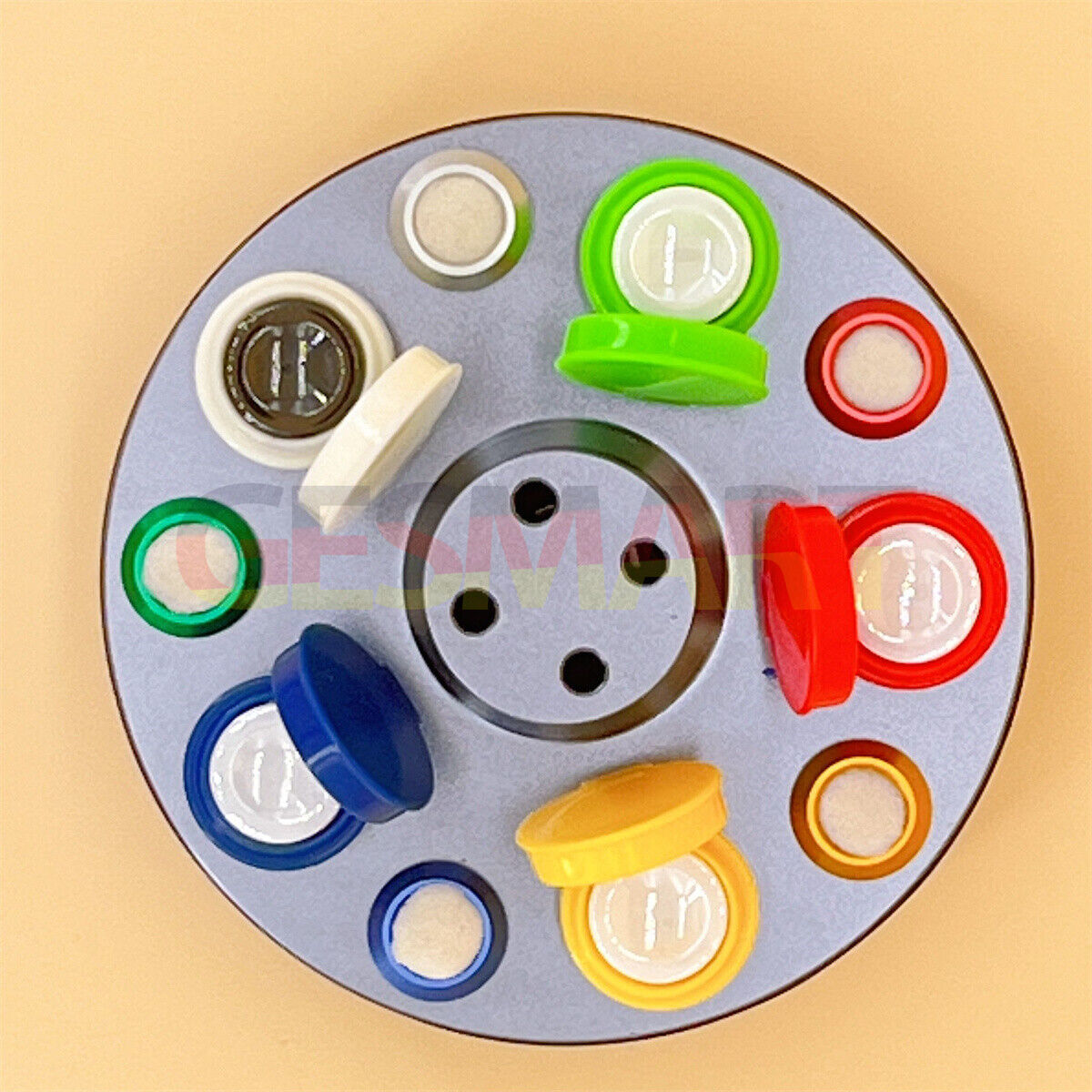 Metal oil cups set with 5 containers and plastic cover, ideal for watch repair precision.