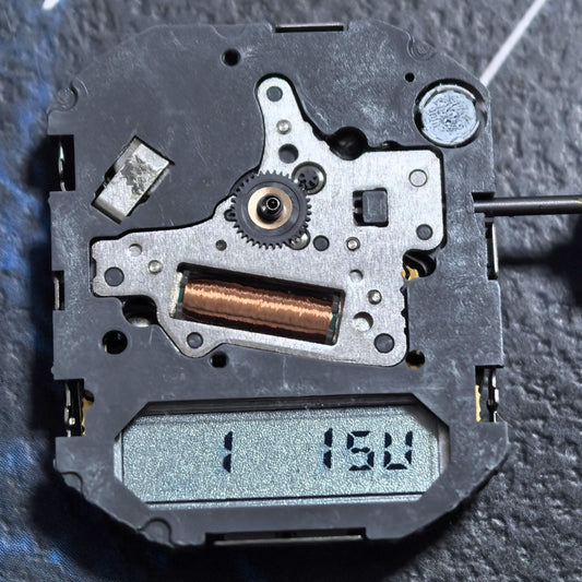 Japan Made Miyota T480 quartz watch part featuring 3 hands and display screen for precise timekeeping.