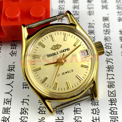 Beijing Double Rhomb lady watch with red date font, manual mechanical movement, elegant single calendar design.