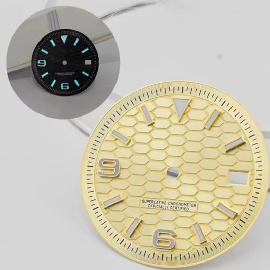 31mm golden modified diving watch dial for NH35 NH36 movements, nail markers, no logo, elegant design.