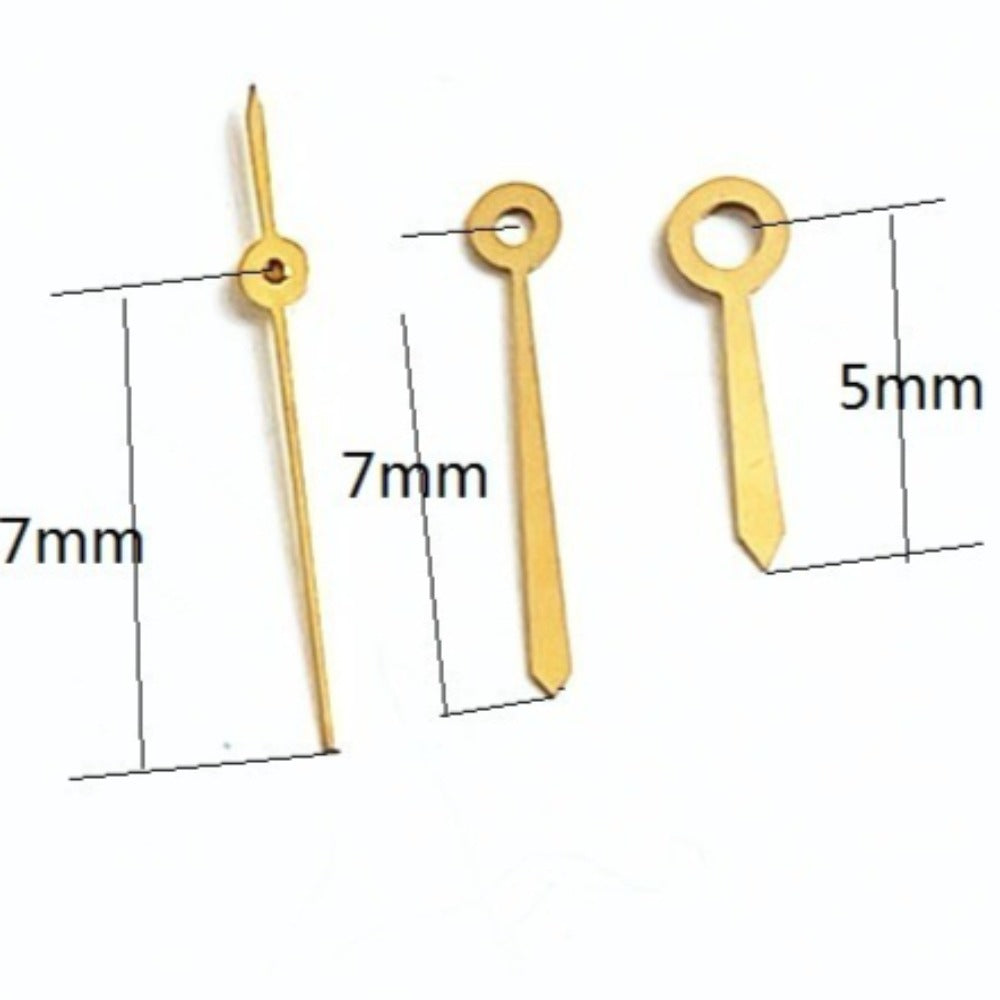 Golden 7x7x5mm watch hands for Ronda 785 movement, precision-crafted watch accessory.