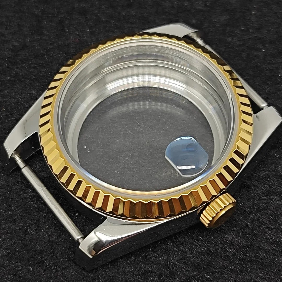 36mm Gold Sliver Fluted Teeth / Bevel Watch Case Sapphire Glass for NH35/NH36/4R