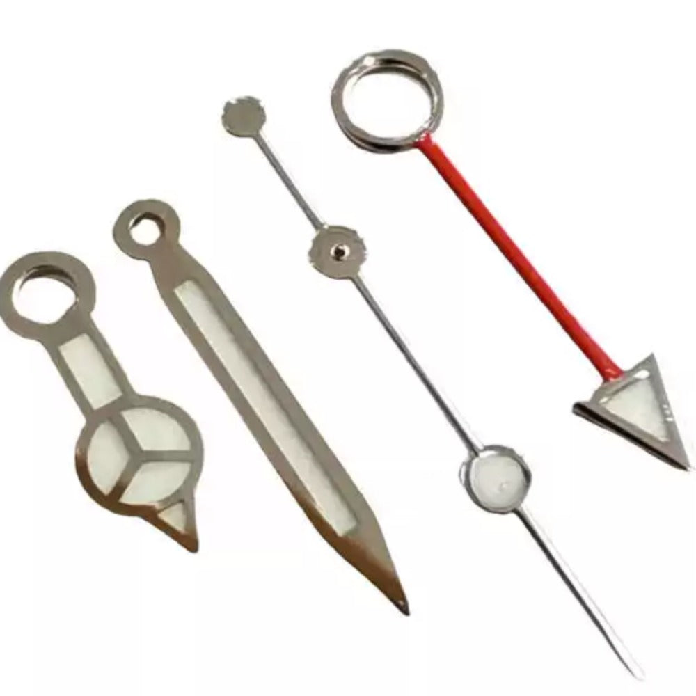 Red and silver trim BGW9 luminous watch hands set for NH34 GMT movement, 4-piece.