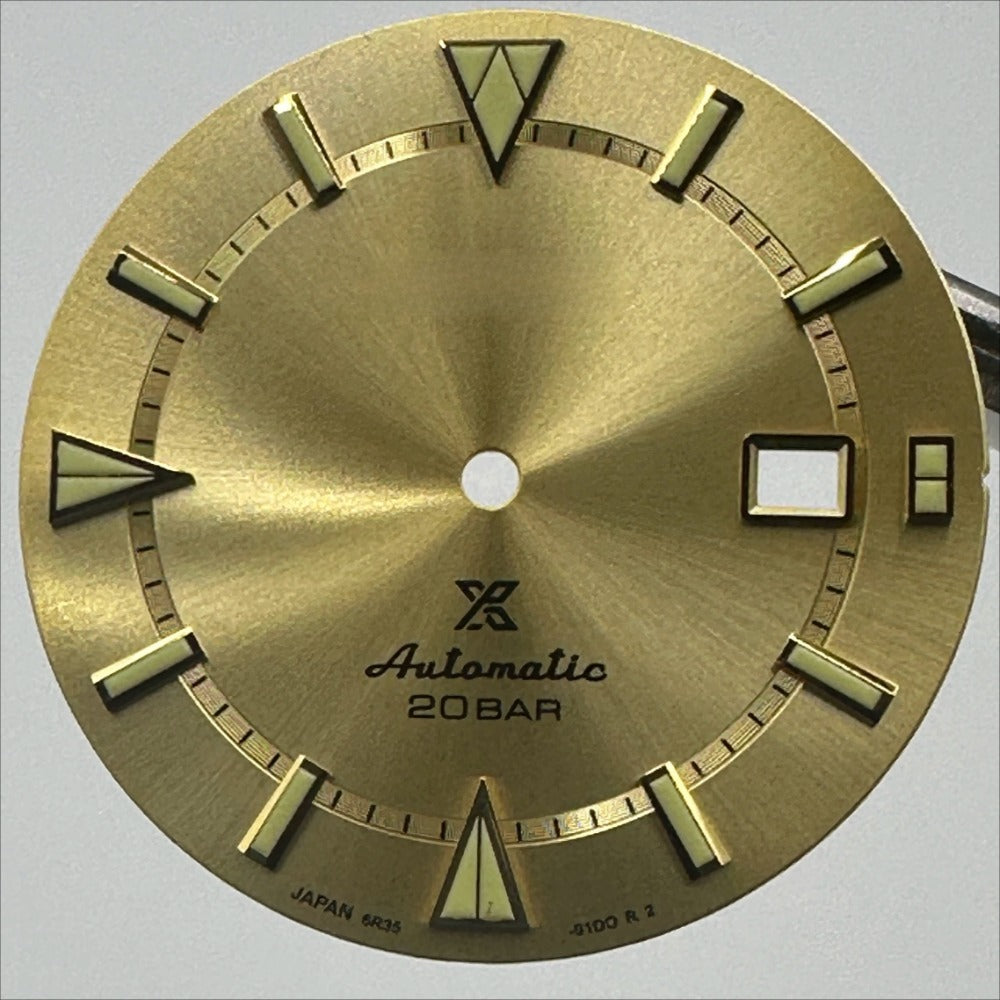 Golden 34mm Datejust watch dial with green lume, golden trim for 8215 8200 movement, luxury timepiece accessory.