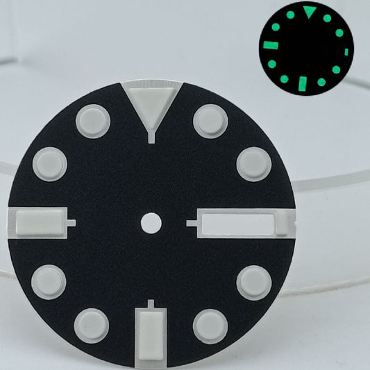 Black 28.5mm metal diving-style watch dial with green lume, compatible with NH36 movement, for precision timekeeping.