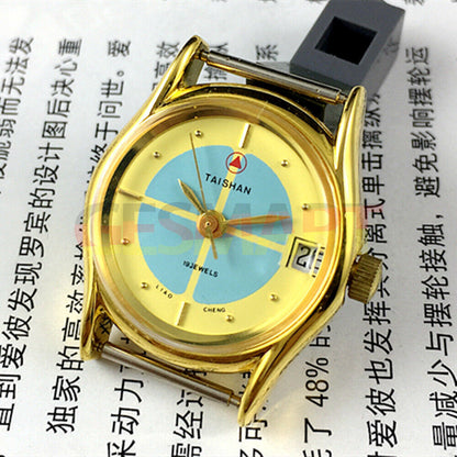 TAISHAN elegant 26mm lady watch with golden case, manual mechanical movement, 19 jewels, single calendar display.